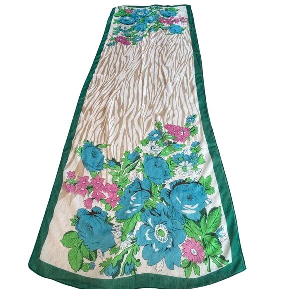 Silky sheer chiffon scarf long rectangle blue green tan tropical floral flowers - Picture 6 of 8